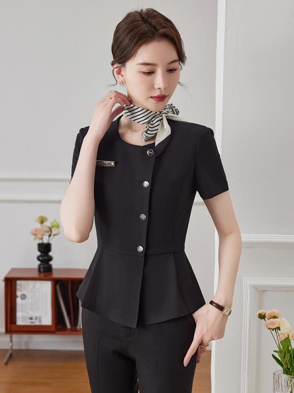 セットアップ レディース 半袖 美容院 ジュエリーショップ ホテル フロント 受付 事務服 制服 フォーマル ビジネス エレガント 上品 ポリエステル ダークグレー 春夏