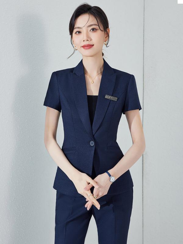 セットアップ レディース 女性用 半袖 スーツ 春夏 スリム 細身 エレガント きれいめ オフィス ビジネス フォーマル 通勤 接客 受付 ホテル ジュエリーショップ 制服 ユニフォーム 紺 ネイビー