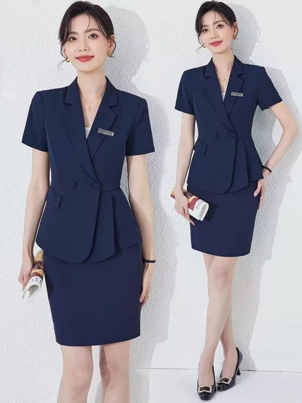 セットアップ レディース 半袖 スーツ 夏 ビジネス オフィス フォーマル 上品 高級感 制服 ユニフォーム ポリエステル素材 ダークブルー ホワイト ブラック 美容室 宝石店 ホテル 受付 フロント 4,673円