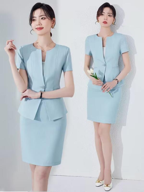 スーツ レディース 半袖 セットアップ 春夏 業務 オフィス 接客 エレガント 高級感 制服 ホテル エステサロン 美容院 ユニフォーム