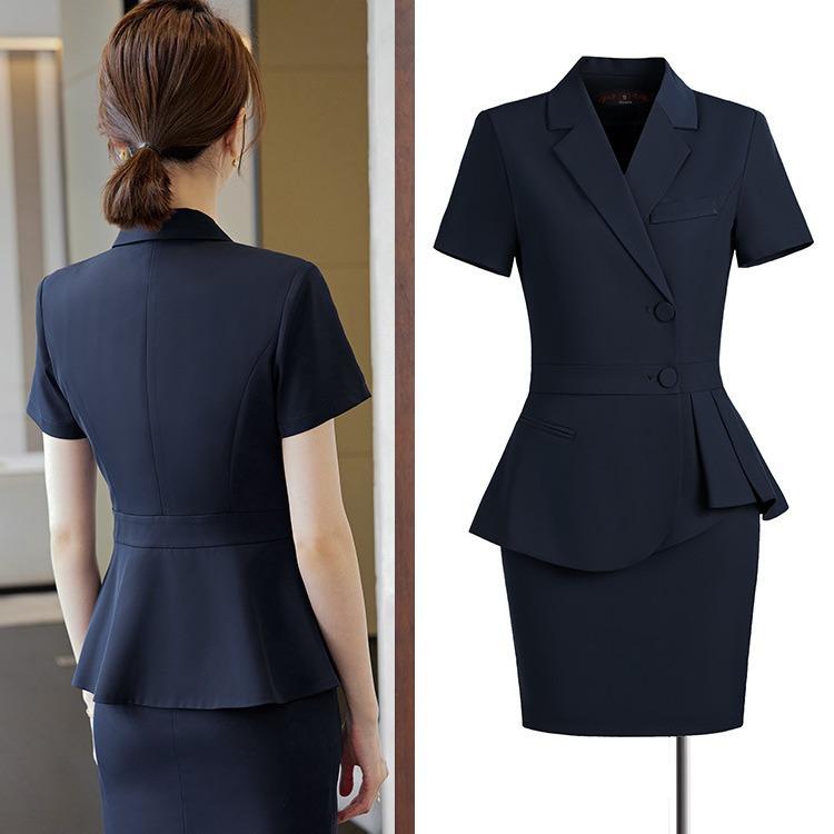 セットアップ 女性用 ビジネススーツ ジャケットスカート 半袖 オフィス ユニフォーム ホテル制服 フォーマル エレガント 夏 ショート丈 ブラック ネイビー グレー 大きいサイズ 4,362円