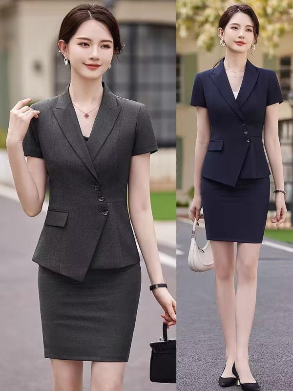 スーツ レディース 女性用 半袖 夏 ビジネス オフィス 通勤 事務服 受付 接客 制服 ホテル 正装 フォーマル セットアップ ポリエステル エレガント 上品