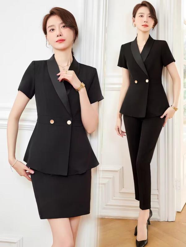 セットアップ レディース 半袖 薄手 ポリエステル スーツ ジャケット 春夏 フォーマル ビジネス オフィス 制服 受付 事務服 宝飾店 上品 エレガント きれいめ 黒 ブラック