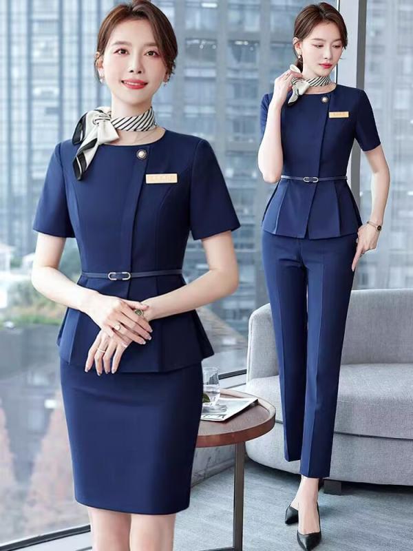 スーツ レディース 半袖 OL通勤 オフィス ビジネス 接客 制服 ジャケット スカート パンツ セットアップ ブルー グレー 春夏 ポリエステル 伸縮性 ミニ丈