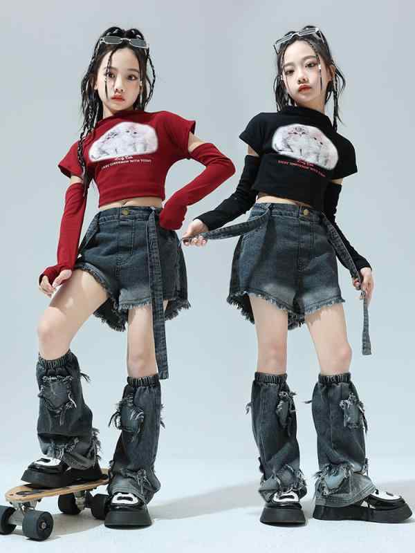 ダンス衣装 キッズ 女の子 ガールズ ジャズ ストリート ヒップホップ セットアップ パフォーマンス 発表会 練習着 コットン 通年 おしゃれ トレンド カジュアル 甘辛ミックス かっこかわいい