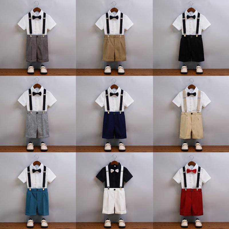 キッズスーツ 男の子 ブリティッシュスタイル サマー 半袖 ショートパンツ サスペンダー付き セットアップ 発表会 演奏会 ピアノ 司会 フォーマル 礼服 結婚式 イベント 幼稚園 小学生 かわいい ポリエステル混紡