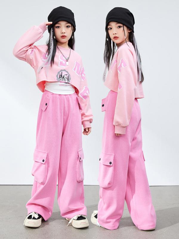 ダンスウェア キッズ 女の子 ジャズダンス ヒップホップ ストリートダンス 発表会 ステージ衣装 練習着 レッスン着 セットアップ おしゃれ かっこいい 長袖トップス ベスト ロングパンツ ポリエステル ピンク系