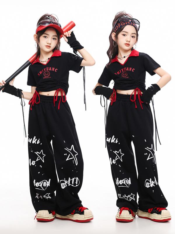キッズ ダンス 衣装 女の子 ガールズ ジャズ ヒップホップ クロップトップ ショート丈 ヘソ出し 韓国風 発表会 ステージ パフォーマンス モデル ランウェイ 練習着 ポリエステル 夏