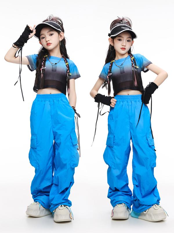 ダンスウェア キッズ 女の子 ジュニア ジャズダンス ストリートダンス ヒップホップ 練習着 レッスン着 発表会 ステージ衣装 パフォーマンスウェア 春夏 ポリエステル Tシャツ 長袖 トップス ロングパンツ セットアップ ブルー系 ブラック