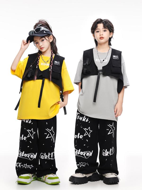ダンス衣装 キッズ ヒップホップ ストリート系 スリーピース セットアップ ベスト Tシャツ スウェットパンツ 男の子 女の子 子供服 発表会 ステージ衣装 春夏 ポリエステル クール