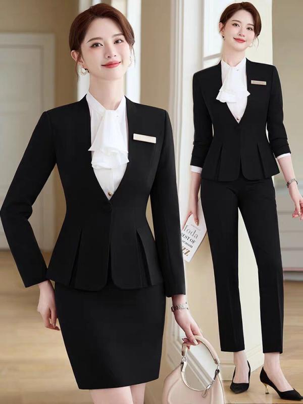 スーツ レディース 女性用 セットアップ ジャケット パンツ スカート 春秋 ビジネス オフィス ワーク フォーマル 制服 ユニフォーム 事務服 受付 エレガント 上品 きちんと感 ホテル フロント 宝飾店 マネージャー ポリエステル スパンデックス 伸