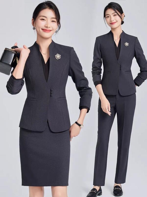 スーツ レディース 春秋 ビジネス フォーマル セットアップ 2点セット ジャケット スカート パンツ オフィス 事務服 通勤 制服 受付 ホテル エステ 美容 マネージャー ポリエステル レーヨン混 エレガント きれいめ 上品 キャリアウーマン グレー