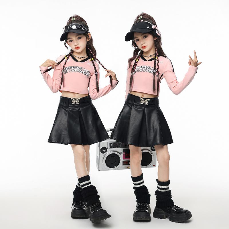 ガールズ ダンス衣装 ジャズダンス ヒップホップ 韓国風 K-POP風 クロップトップ ショート丈トップス 秋物 セットアップ 発表会 ステージ 練習着 レッスン着 小学生 中学生 ジュニア