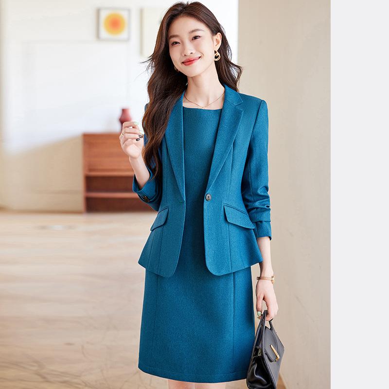 スーツ レディース ワンピース セットアップ ジャケット オフィス ビジネス フォーマル 通勤 職業服 美容師 エステティシャン 受付 制服 ユニフォーム 韓国風 スタイルアップ 細見え 着痩せ 長袖 ミドル丈 ポリエステル 秋 秋冬 ブルー ブラウン
