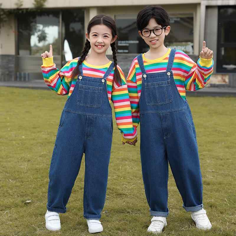 ダンス衣装 キッズ 男の子 女の子 レインボー柄 スウェット トレーナー 裏起毛 デニム サロペット オーバーオール セットアップ チアリーディング 発表会 イベント 秋冬 コットン 綿