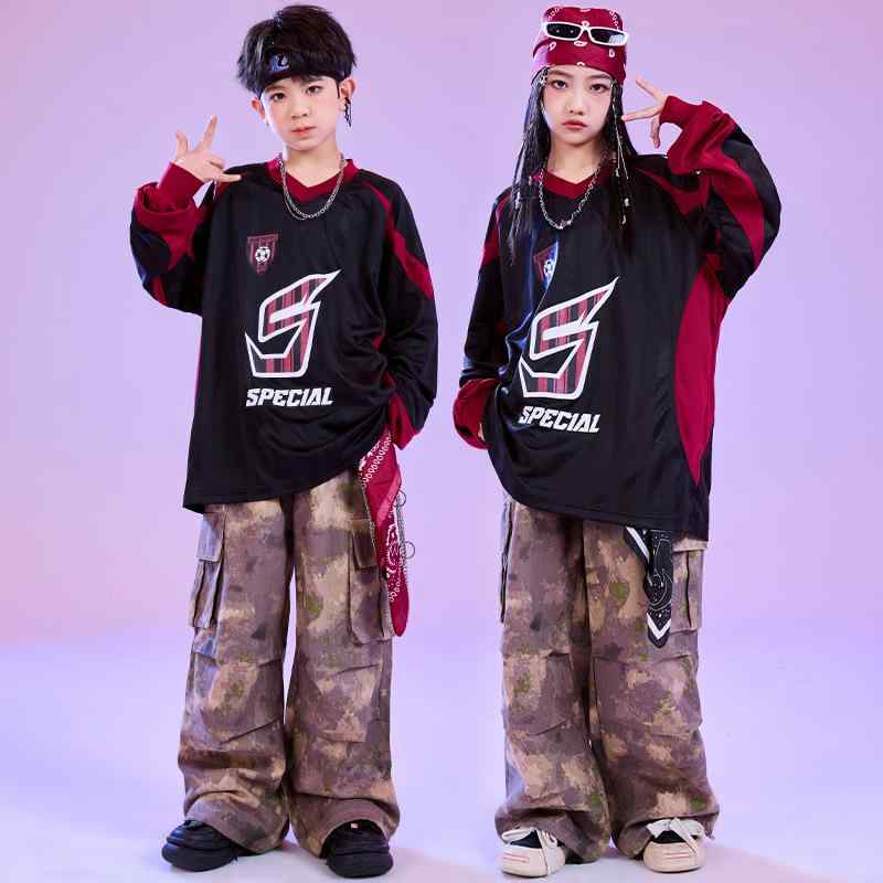 ダンス衣装 子供 男の子 小学生 ストリート ヒップホップ ジャズ ドラム 発表会 パフォーマンス セットアップ トレンド ファッション 綿素材 Vネック 長袖 迷彩パンツ 春夏 ブラック レッド 4,230円