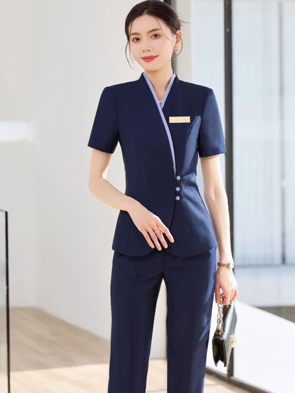 セットアップ レディース ブルー 半袖 ビジネス ジャケット パンツ スカート 夏用 オフィス 制服 ユニフォーム 接客 受付 ホテル エステ サロン 事務服 エレガント 通勤 ポリエステル レーヨン