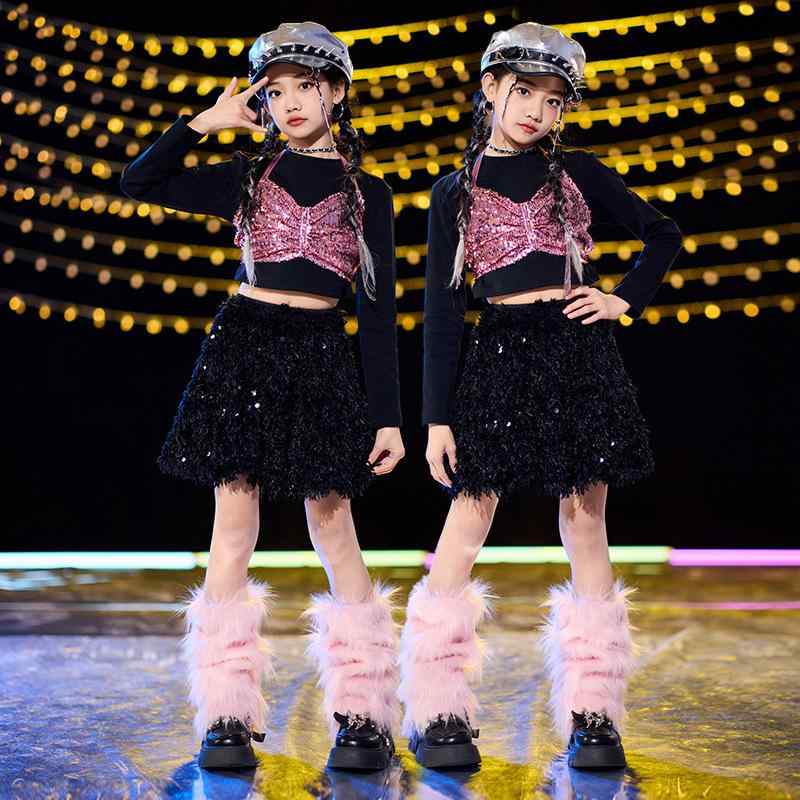 キッズ 女の子 ダンス衣装 発表会 ステージ パフォーマンス ウェア ヒップホップ K-POP JAZZ ストリート スパンコール スカート セットアップ 紫 ピンク 黒 光沢 キラキラ ポリエステル トレンド ジュニア 子供 小学生 中学生