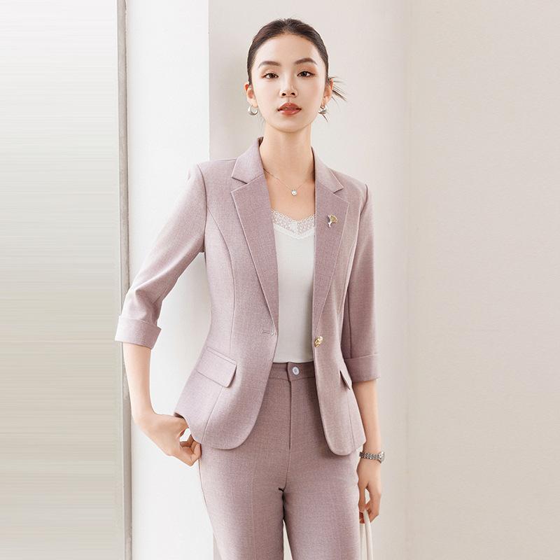 セットアップ レディース ピンク 小柄 女性用 春夏 通勤 オフィス 面接 フォーマル ビジネス セレモニー ジャケット 七分袖 九分丈パンツ ポリエステル レーヨン 2点セット ツーピース