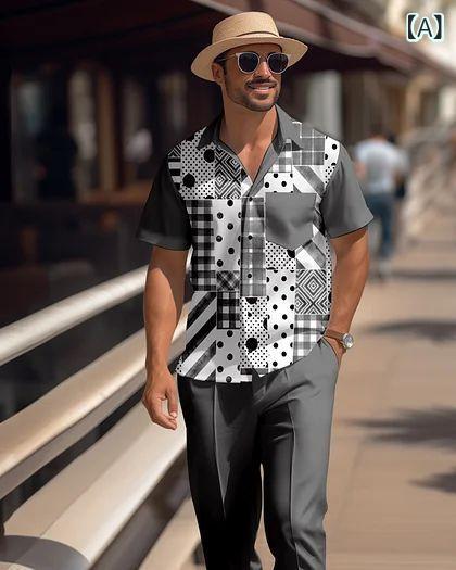 シャツ メンズ 男性用 半袖 ロングパンツ セットアップ カジュアル トレンド 着回し 春夏 ポリエステル混紡 通気性 吸湿速乾 伸縮性 ウォッシャブル ゆったり