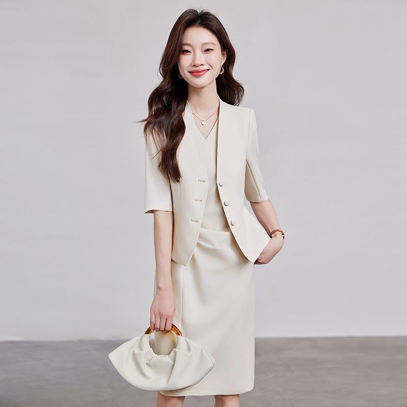 スーツ レディース ノーカラー 春夏 アンサンブル セットアップ ネイビー 紺 ビジネス オフィス 事務服 受付 制服 フォーマル 五分袖 ポリエステル レーヨン混紡 ストレッチ 軽量