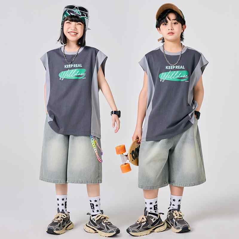 キッズ ダンスウェア 男の子 女の子 ジュニア ボーイズ ガールズ ストリート ヒップホップ ジャズ 発表会 衣装 セットアップ 綿 ベスト デニム ショートパンツ 春夏 レッスン着