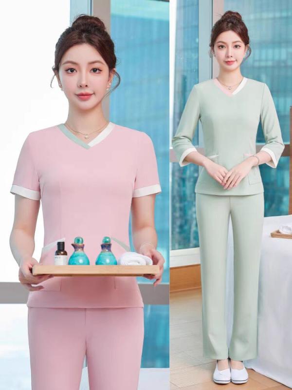 ユニフォーム レディース SPA エステ 美容 セラピスト 産後ケア マッサージ リフレクソロジー 制服 仕事着 高級感 セットアップ スーツ 七分袖 ストレッチ素材 春夏