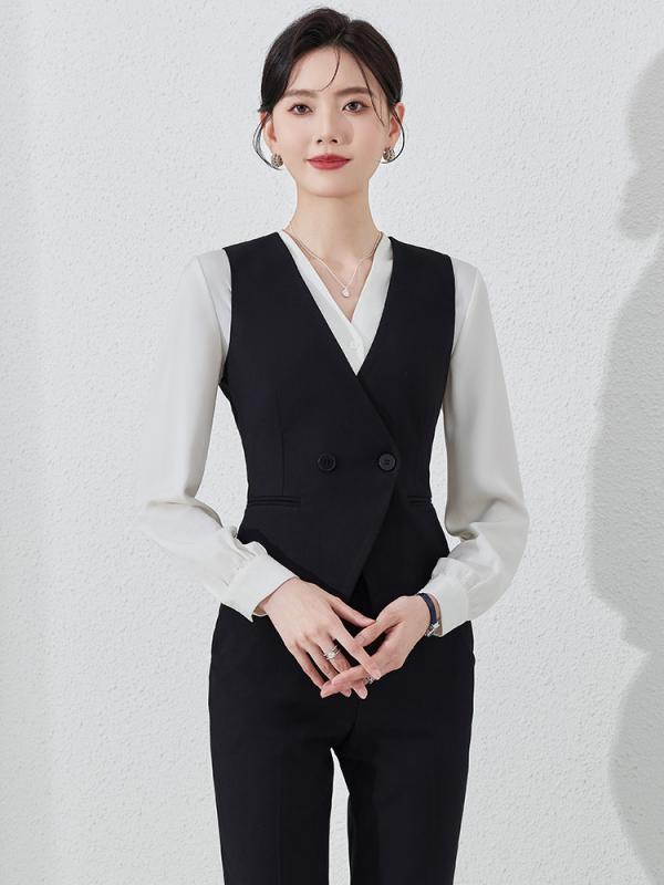 ベスト レディース 黒 ブラック スリムフィット ポリエステル ビジネス オフィス ホテル 受付 制服 ユニフォーム 上品 エレガント ジレ スーツ セットアップ