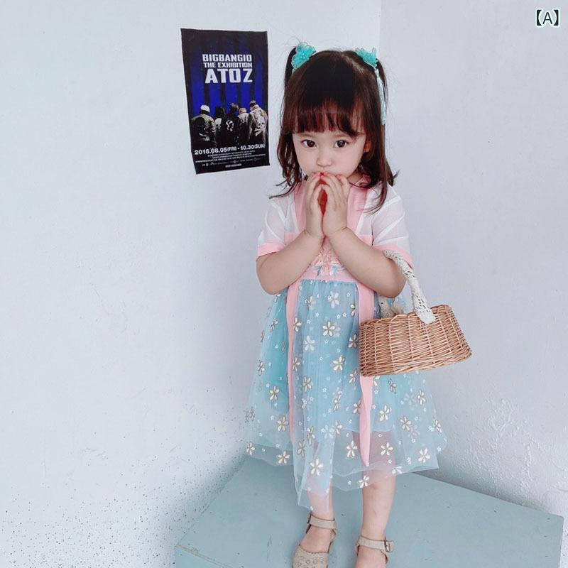 ワンピース キッズ 女の子 漢服 中国風 民族衣装 伝統衣装 花柄刺繍 シフォン シルク メッシュ 軽やか 柔らかい かわいい ブルー Aライン 春夏