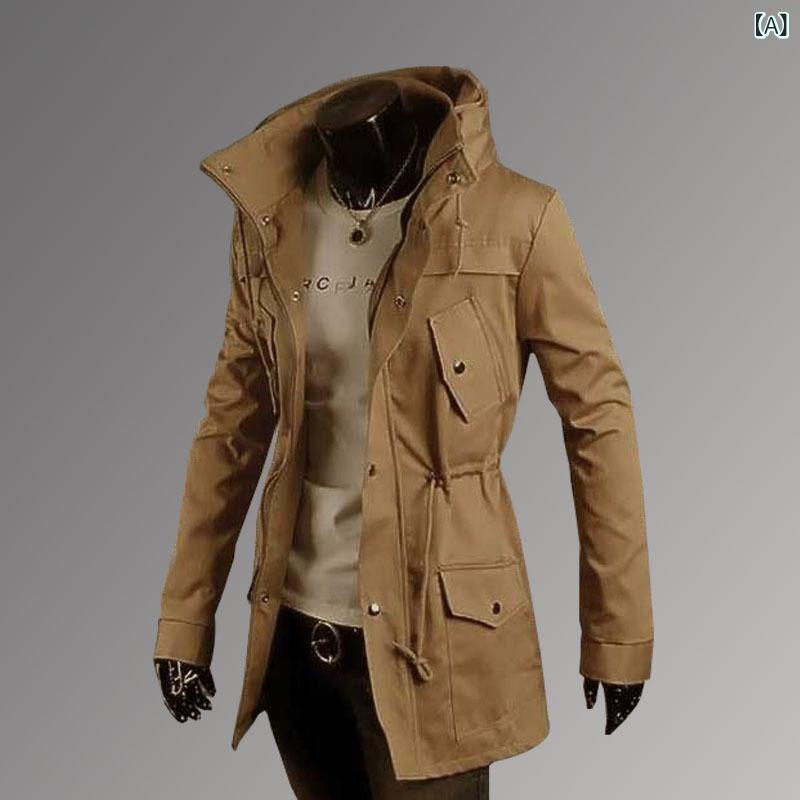トレンチコート メンズ 男性用 秋冬 ミドル丈 ハーフ丈 コットン 綿 スリムフィット スタンドカラー 厚手 多ポケット ワークカジュアル きれいめ