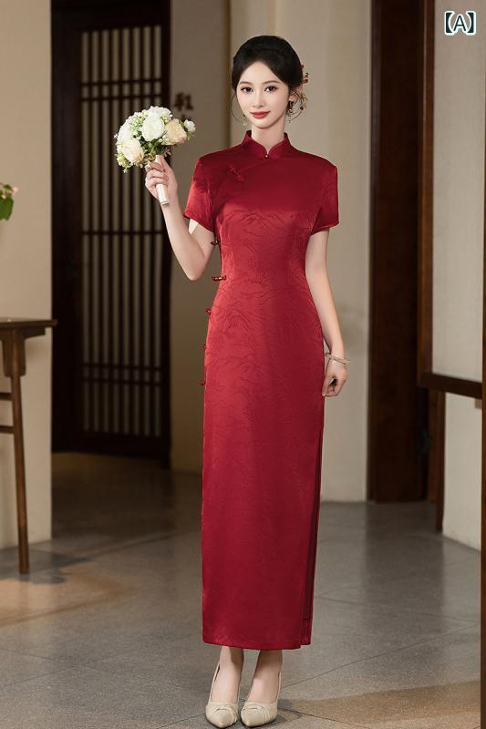 チャイナドレス レディース ママ ミセス ロング丈 結婚式 披露宴 フォーマルドレス 七分袖 スタンドカラー ジャガード織り ワインレッド エレガント 上品 新中華風 体型カバー 春夏 お呼ばれ パーティードレス 発表会 演奏会