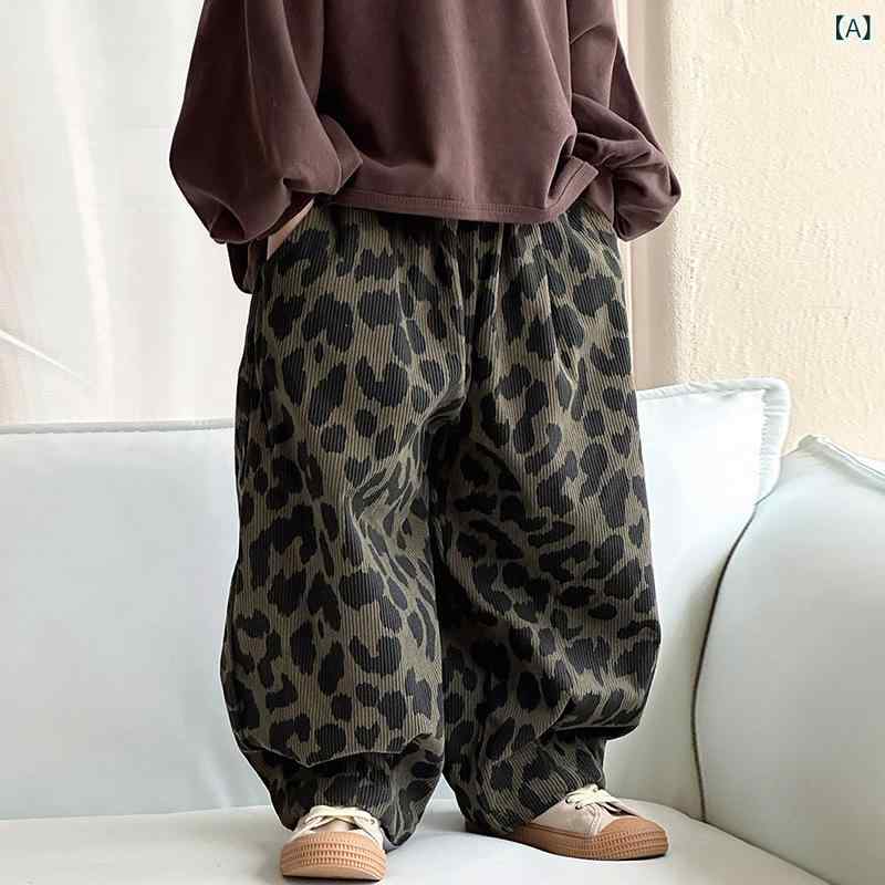 パンツ キッズ 男の子 女の子 ヒョウ柄 韓国ファッション レトロ ゆったり ルーズ カジュアル おしゃれ 着回し ロング丈 綿 ゴムウエスト 春秋 通園 通学 普段使い