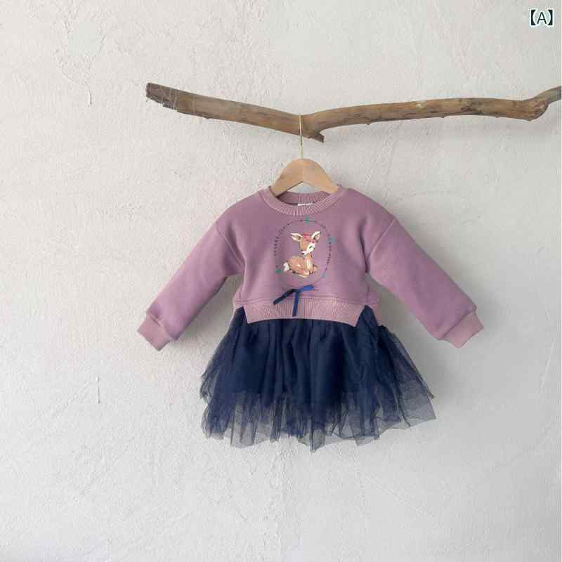 ワンピース 女の子 子供 キッズ スウェット 切り替え チュール 長袖 Aライン 秋 かわいい カジュアル 普段使い 綿 ポリエステル ソフト プリント柄