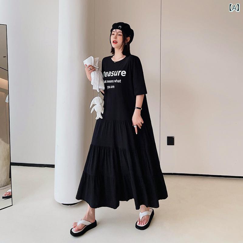 ワンピース 春夏 ロング丈 半袖 クルーネック 丸首 ティアード切り替え ギャザー ゆったり リラックスフィット 大きいサイズ ビッグシルエット 体型カバー ニット カットソー ブラック カジュアル 普段使い お出かけ ストリート ドレス
