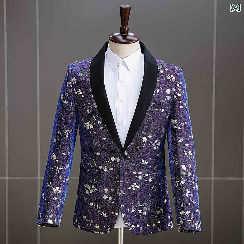 テーラードジャケット メンズ 男性用 ブルーパープル 青紫色 刺繍 スリムフィット 細身 ベルベット 箔加工 ラメ 光沢 ショールカラー フォーマル ステージ衣装 舞台衣装 発表会 結婚式 パーティ 秋冬