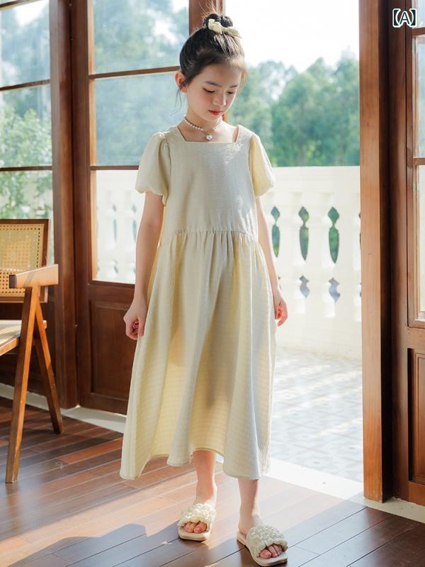 ワンピース 女の子 ジュニア 韓国風 スクエアネック パフスリーブ 切り替え フレア Aライン ミモレ丈 ロング丈 夏 無地 親子コーデ ゆったり 体型カバー ポリエステル 綿混紡 ソフト加工 普段使い お出かけ カジュアル