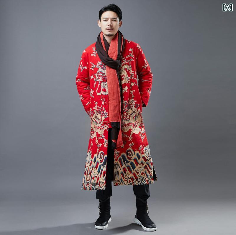 アウター メンズ 龍柄 スタンドカラー ダブルボタン 中綿ジャケット ロング丈 コットン素材 ゆったり ルーズフィット カジュアル ストリート 普段使い 防寒 秋冬 レッド ブルー