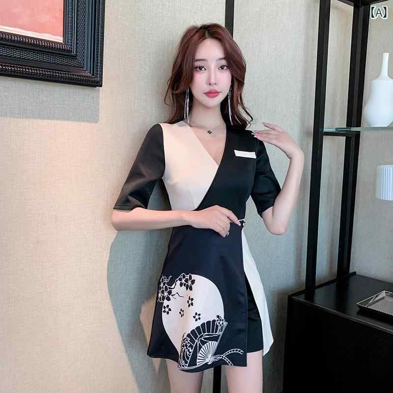 チャイナドレス ワンピース レディース 女性用 エステ サロン 美容院 整体 ユニフォーム 制服 ワークウェア レトロ 中華風 吸湿速乾 ポリエステル オールシーズン 黒 紺
