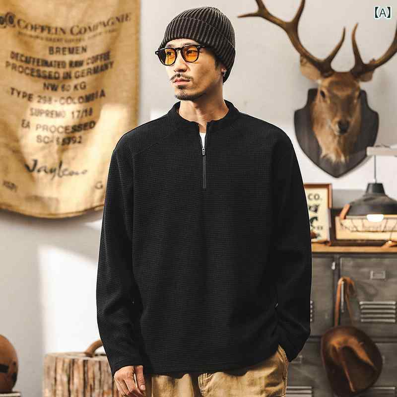 Tシャツ メンズ アメカジ レトロ 400g ヘビーウェイト ワッフル生地 長袖 ハーフジップ プルオーバー ルーズシルエット ドロップショルダー 綿混 トップス 秋 カジュアル ストリート ブラック コーヒー