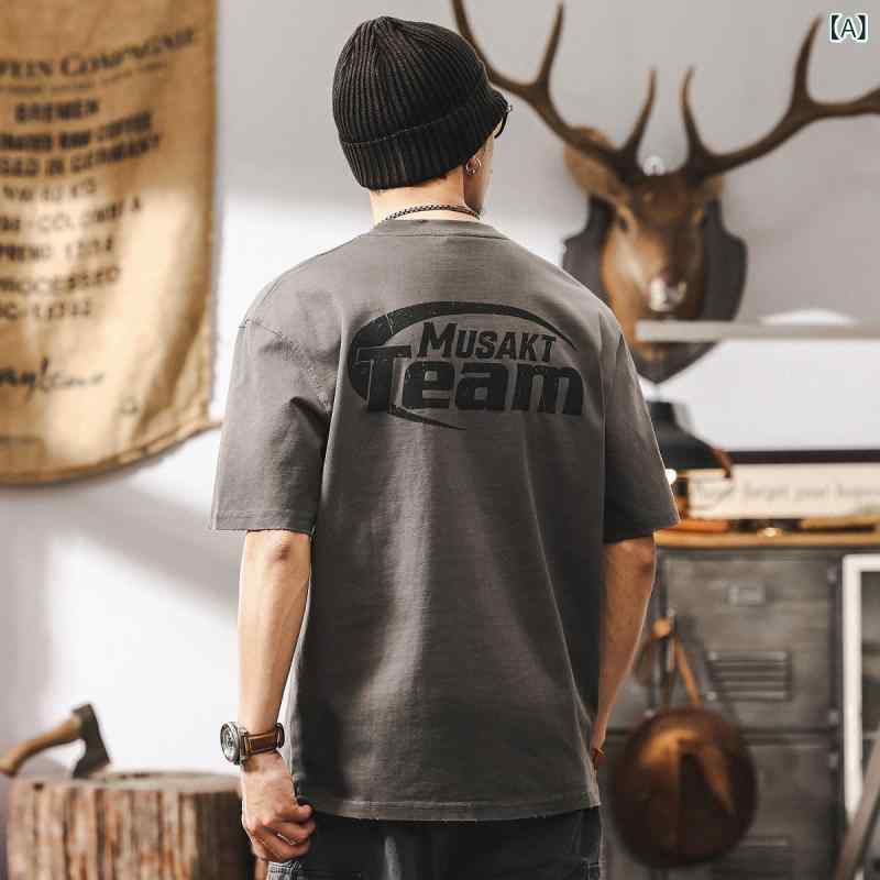 Tシャツ メンズ 半袖 夏 コットン ヘビーウェイト ルーズフィット ビッグシルエット アメカジ ヴィンテージ ウォッシュ加工 クラックプリント アルファベットプリント クルーネック 抗菌 スポーツ ウォッシュグレー オフホワイト ブラック