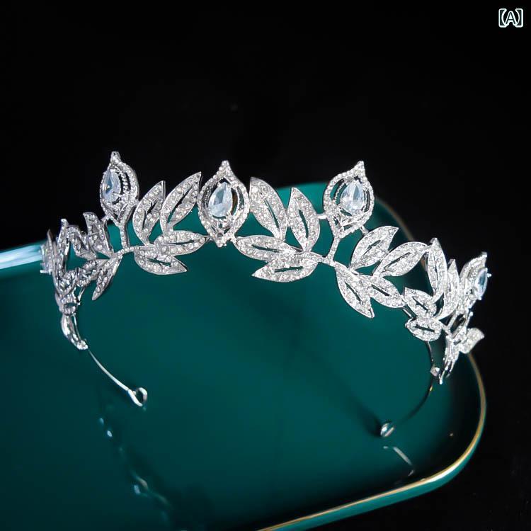 ヘッドドレス キッズ レディース ティアラ ブライダル ウェディング 結婚式 韓国風 プリンセス ジルコニア ラインストーン 合金 リーフモチーフ ホワイト 髪飾り