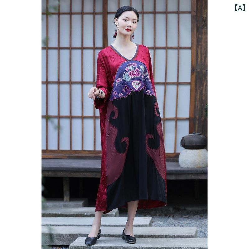 ワンピース レディース 民族風 レトロ エスニック ロング丈 ゆったり リラックスフィット 体型カバー 凝った刺繍 花柄 プルオーバー 普段使い お出かけ 織り生地 高級感 Aライン レッド ブラック 春夏