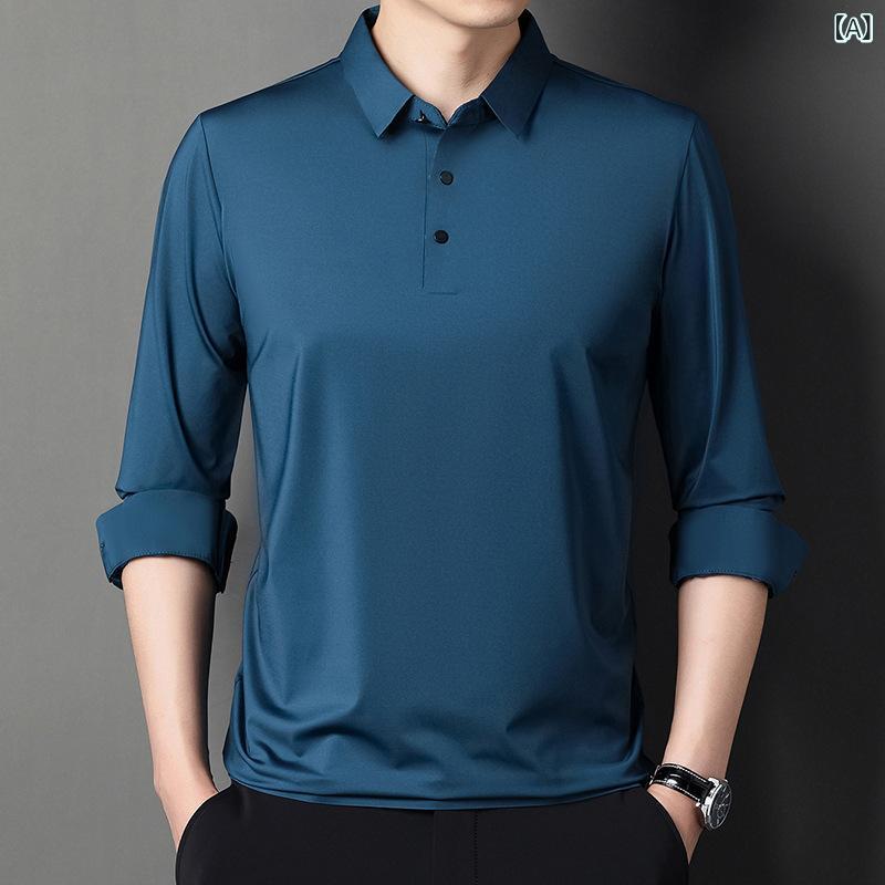 Tシャツ メンズ ミドルエイジ 桑蚕シルク 長袖 ポロシャツ 無地 春秋 ビジネス カジュアル 通勤 トップス カットソー 防シワ 高伸縮性 吸湿速乾 通気性 フィット感 高級感