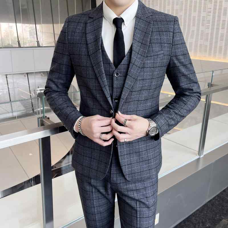 スーツ メンズ 男性用 ファッション チェック柄 スリーピース セットアップ ビジネス 結婚式 フォーマル 通勤 オフィス 礼服 ポリエステル ビスコース スリムフィット シングルボタン 春秋冬 グレー ネイビー｜ラ・グラーヌ