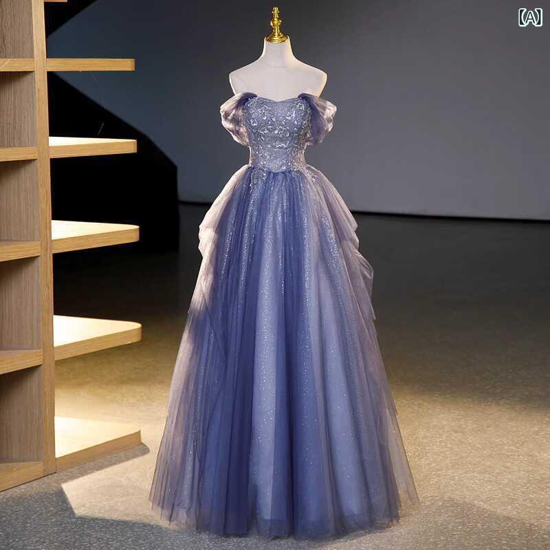 ドレス レディース イブニングドレス フォーマル オフショルダー プリンセスライン チュールスカート ロングドレス パーティー 結婚式 披露宴 二次会 誕生日 成人式 お呼ばれ 演奏会 軽やか 上品 エレガント 個性的