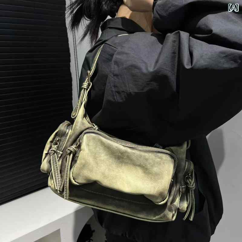 バッグ ユニセックス アメカジ ヴィンテージ ダメージ加工 ウォッシュ加工 PUレザー ソフト ショルダーバッグ 斜め掛け 横型 スクエア ミディアム ファスナー開閉 内ポケット付き カーキ グレー キャメル