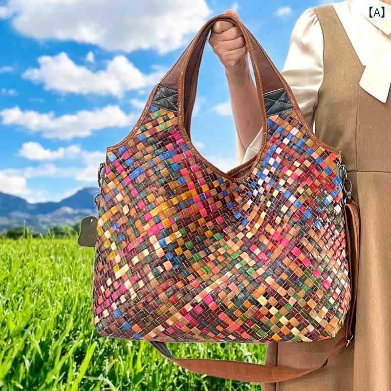 バッグ レディース 女性用 牛革 手編み 編み込み 欧米風 レトロ ショルダーバッグ 肩掛け 斜めがけ クロスボディ 縦型 スクエア 大容量 デイリーユース 通勤 通学 内ポケット カラフル 5,763円