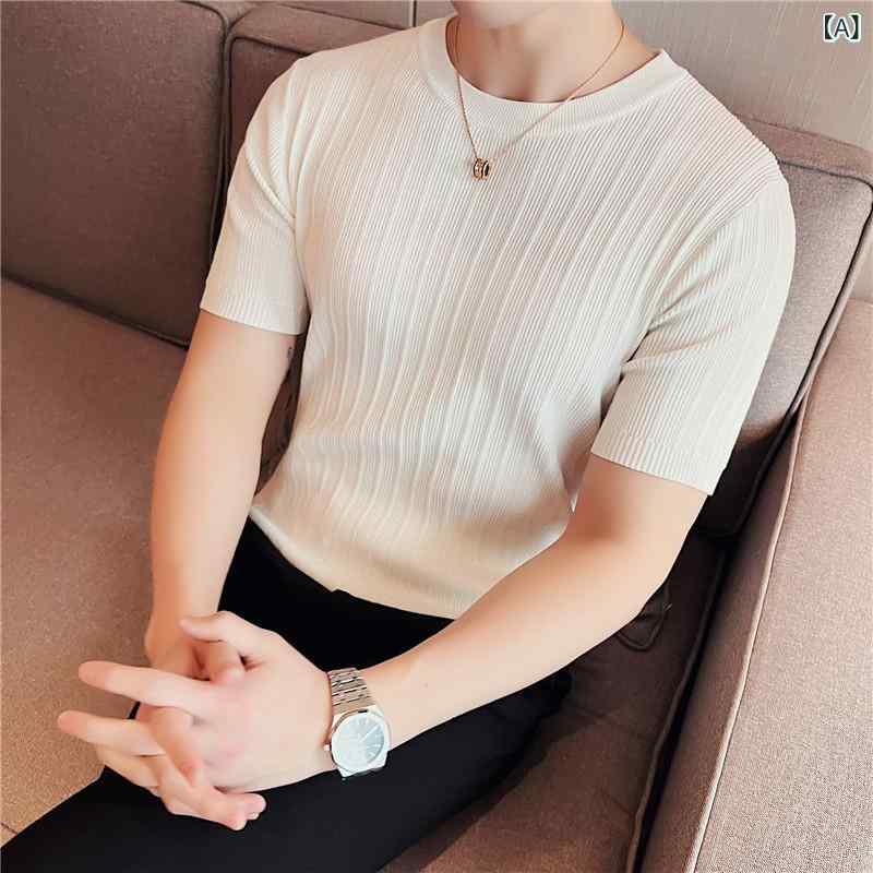 Tシャツ レディース 春夏 ニット 半袖 トップス ラウンドネック ストライプ 伸縮性 スリムフィット 韓国風 レーヨン カジュアル 普段使い