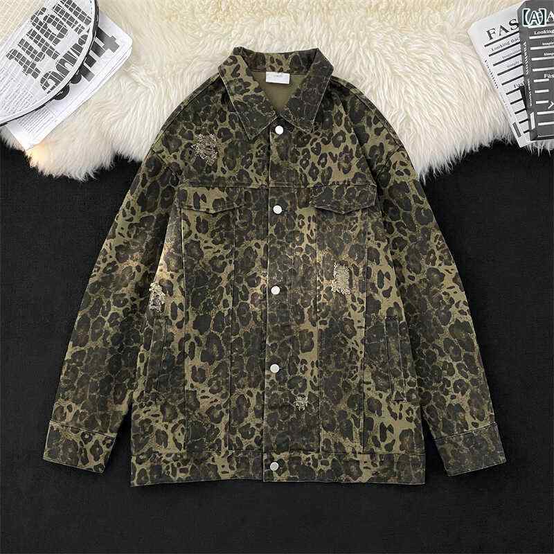 ジャケット メンズ ヒョウ柄 デニム アメカジ ヴィンテージ ウォッシュ加工 ダメージ加工 ゆったり 長袖 ストリート カジュアル コットン 耐久性 普段着 春秋 襟付き シングルブレスト