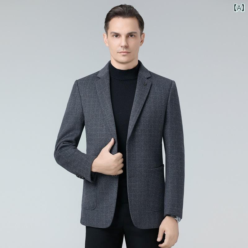 ジャケット メンズ 男性用 中年向け ダブルフェイス カシミヤ ウール 厚手 暖かい ビジネス カジュアル オフィスカジュアル 通勤 普段使い テーラードカラー チェック柄 ノーアイロン 秋冬 アウター